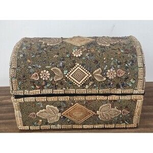 Ornate Domed Storage Trinket Box Hinged Lid Velvet Lined Crushed Stones Mosaic